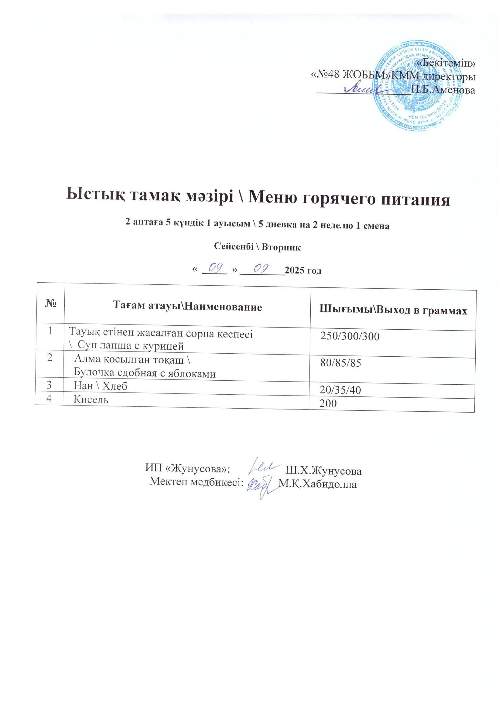 Ас мәзірі 09.09.2025