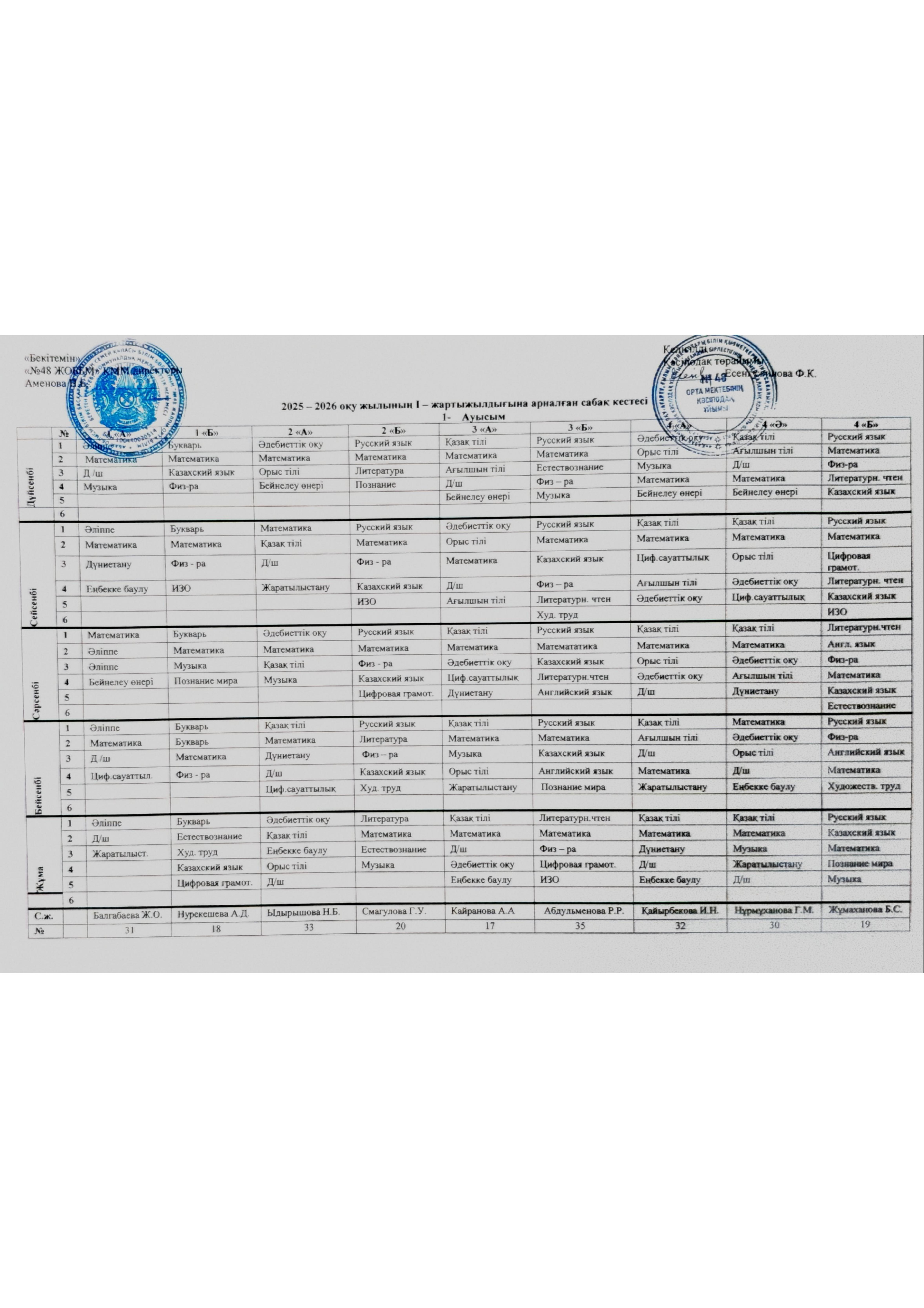 Сабақ кестесі