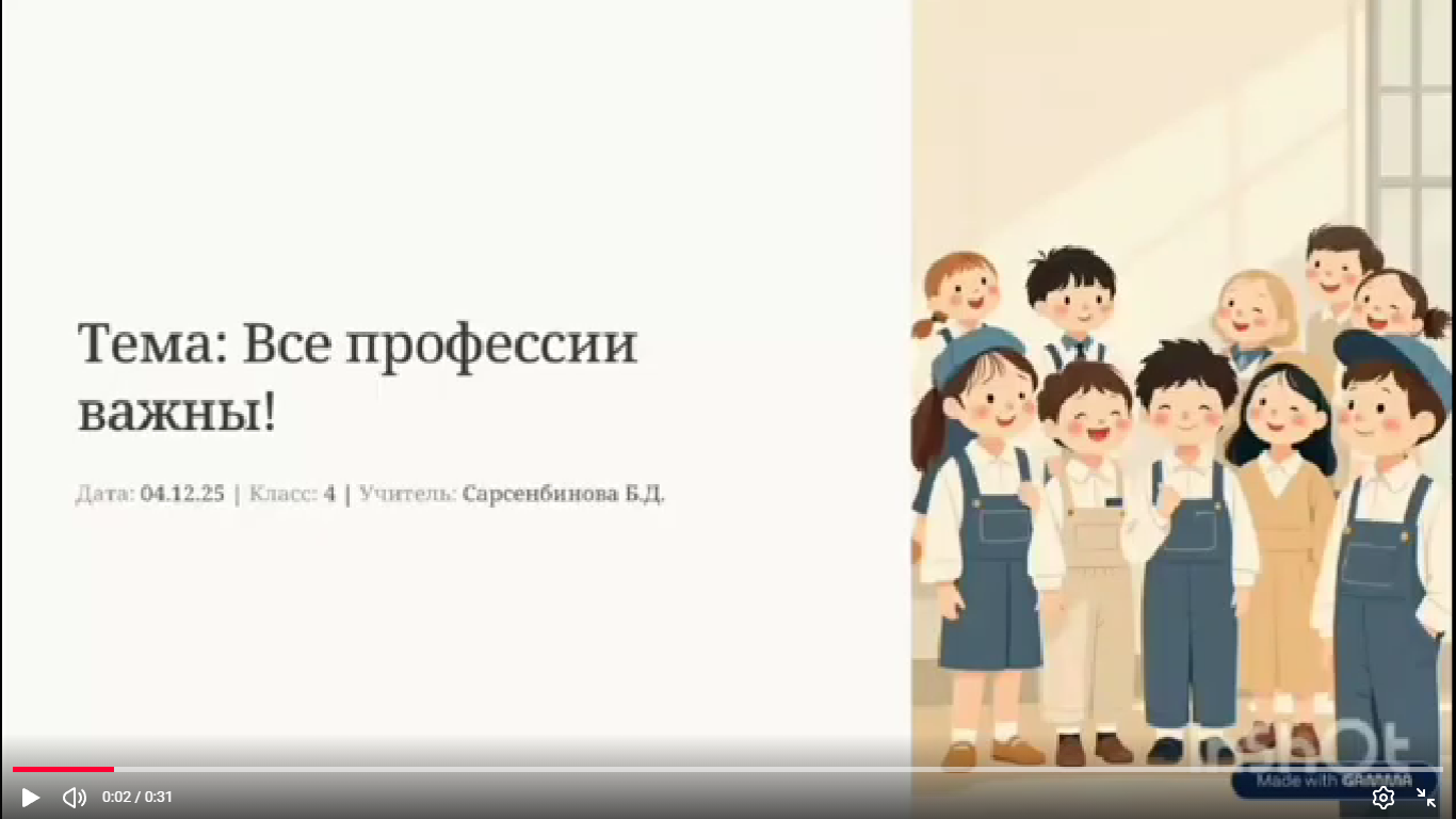 04.12.2025г учителем русского языка и литературы Сарсенбиновой Б.Д был проведен открытый урок в 4 "Ә"  классе на тему: "Все профессии важны!".